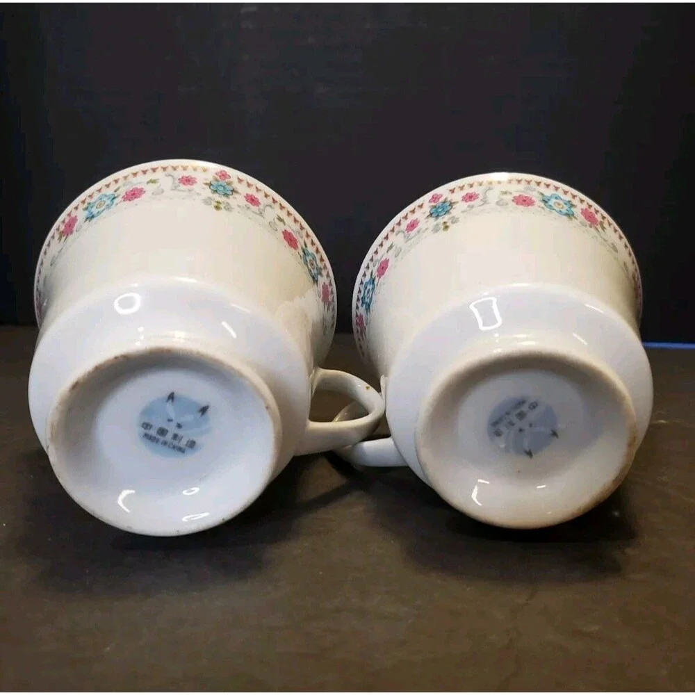 Qing Yuan Tea Cup and Saucer, Pink and Blue Floral Chinese Export VTG 2 Pc Set